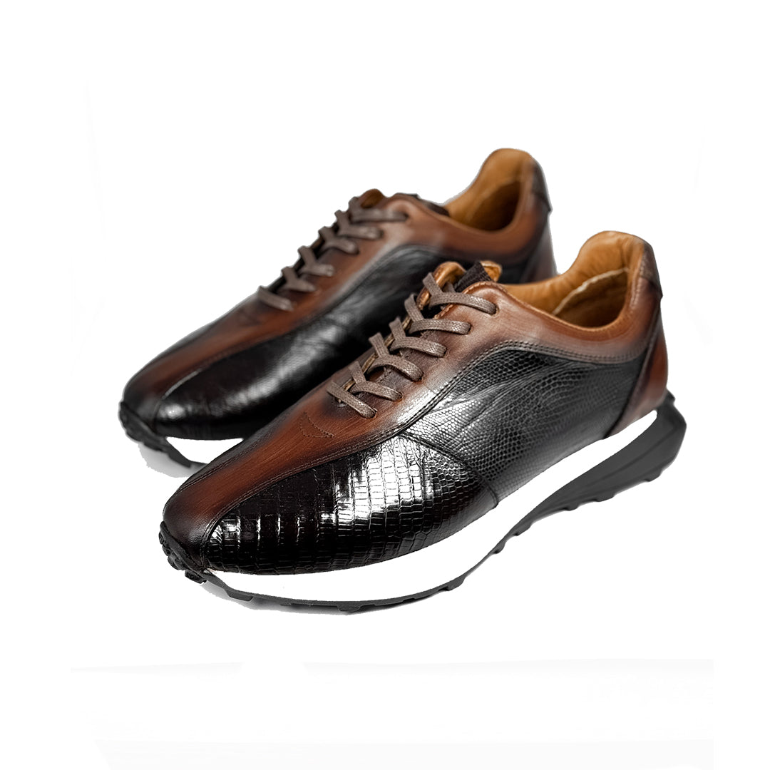 BROWN LEATHER & LIZARD DEMIAN SNEAKER